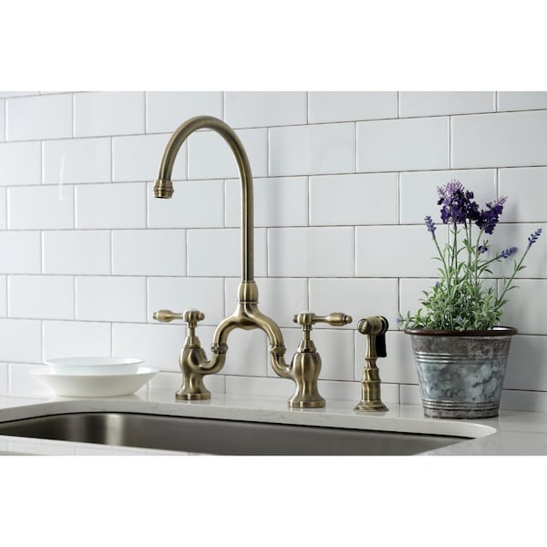 KS7793TALBS Bridge Kitchen Faucet With Brass Sprayer, Antique Brass